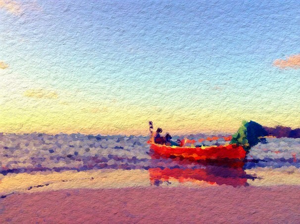 The floating boat with the sea background in oil painting style